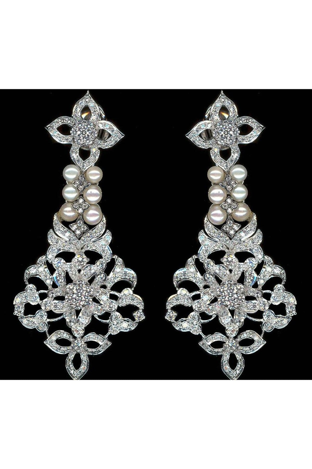 White Finish Cubic Zirconia & Shell Pearl Dangler Earrings