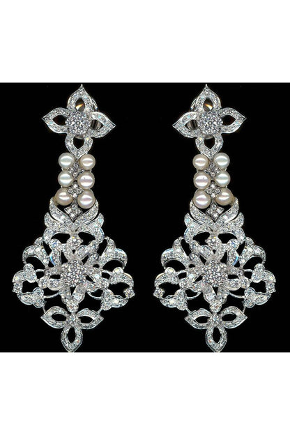White Finish Cubic Zirconia & Shell Pearl Dangler Earrings