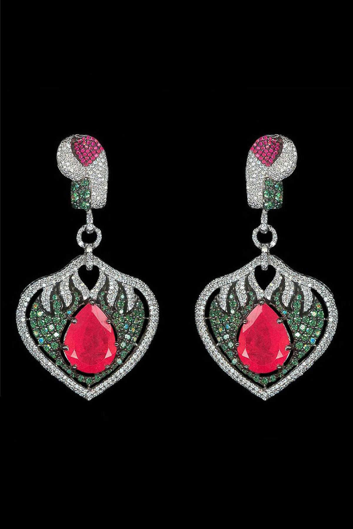 White Finish Cubic Zirconia & Hydro Ruby Dangler Earrings