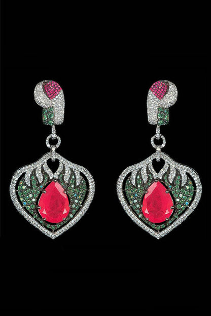 White Finish Cubic Zirconia & Hydro Ruby Dangler Earrings