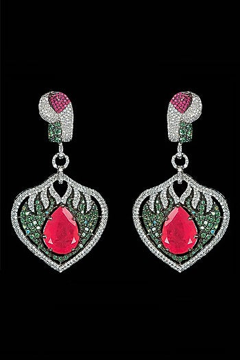White Finish Cubic Zirconia & Hydro Ruby Dangler Earrings