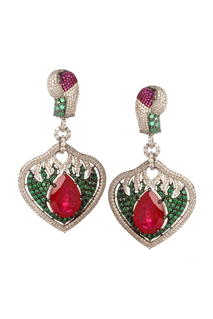 White Finish Cubic Zirconia & Hydro Ruby Dangler Earrings