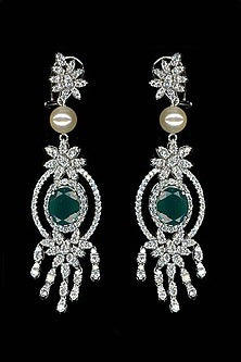 White Finish Cubic Zirconia & Hydro Emerald Dangler Earrings