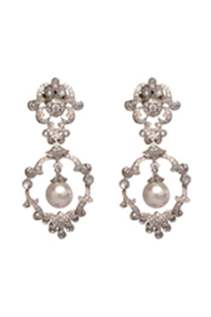 White Finish Zircon & Shell Pearl Dangler Earrings