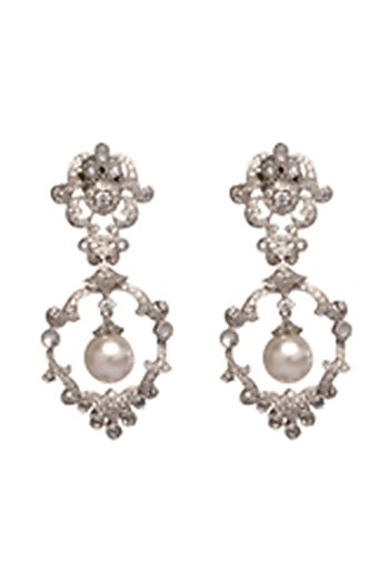 White Finish Zircon & Shell Pearl Dangler Earrings
