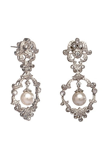 White Finish Zircon & Shell Pearl Dangler Earrings