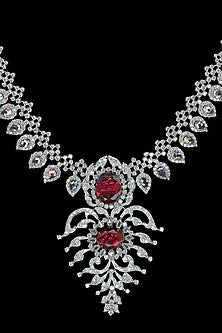White Rhodium Finish Cubic Zirconia & Hydro Ruby Necklace