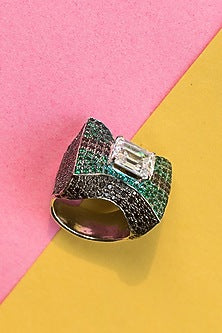 White Finish Cubic Zirconia & Swarovski Ring In Sterling Silver