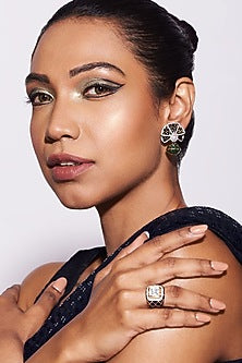 Gold Finish Cubic Zirconia Enamelled Dangler Earrings In Sterling Silver