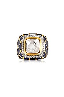 Gold Finish Cubic Zirconia Enamelled Ring In Sterling Silver
