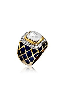 Gold Finish Cubic Zirconia Enamelled Ring In Sterling Silver