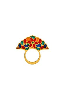 Gold Finish Enamelled Ring In Sterling Silver