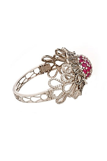 White Finish Cubic Zirconia & Hydro Ruby Floral Bracelet