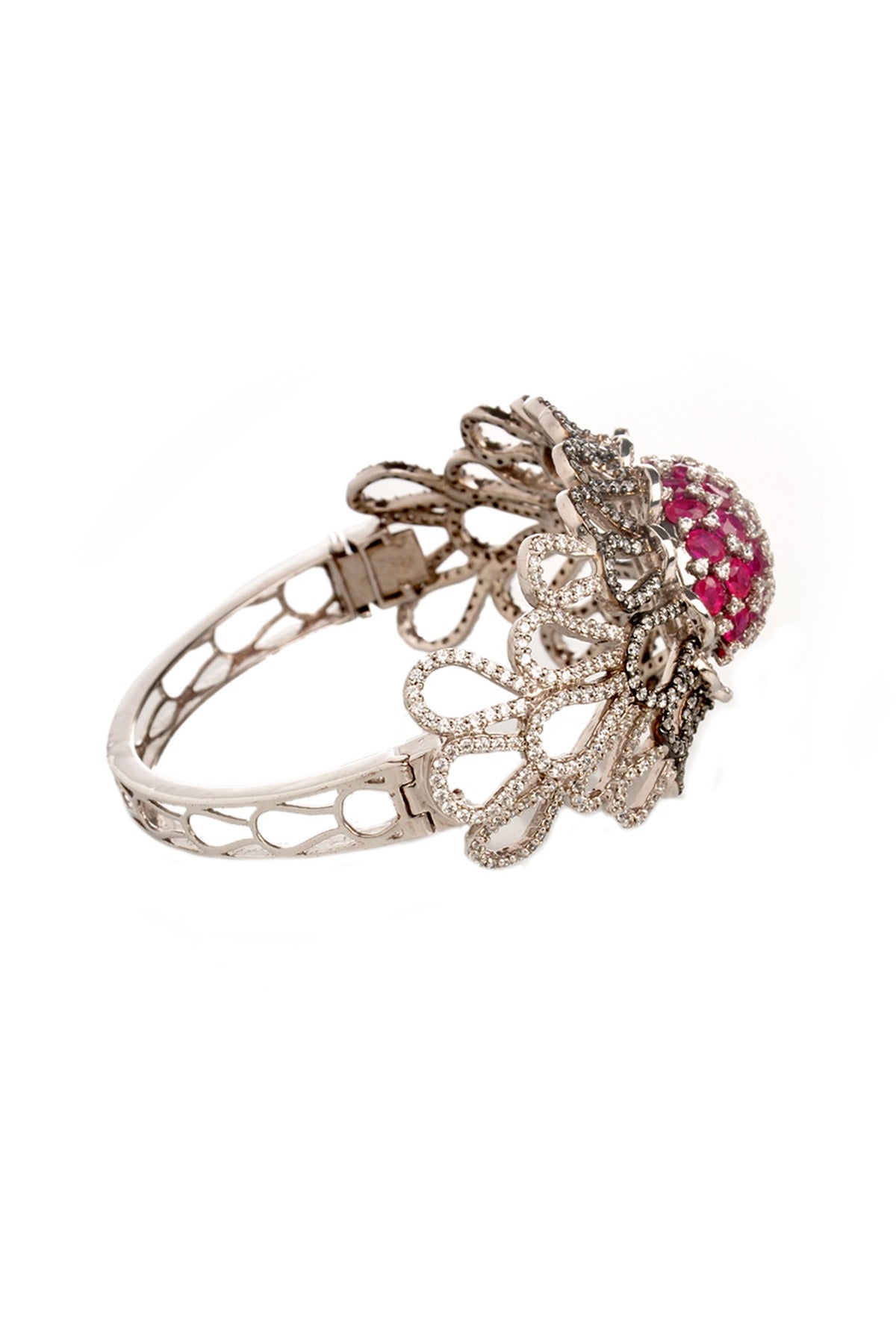 White Finish Cubic Zirconia & Hydro Ruby Floral Bracelet