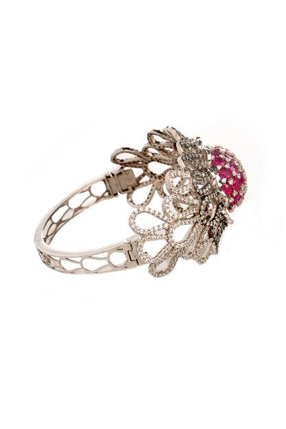 White Finish Cubic Zirconia & Hydro Ruby Floral Bracelet
