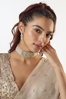 Gold Finish Kundan Polki & Pearl Choker Necklace Set