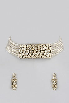 Gold Finish Kundan Polki & Pearl Choker Necklace Set