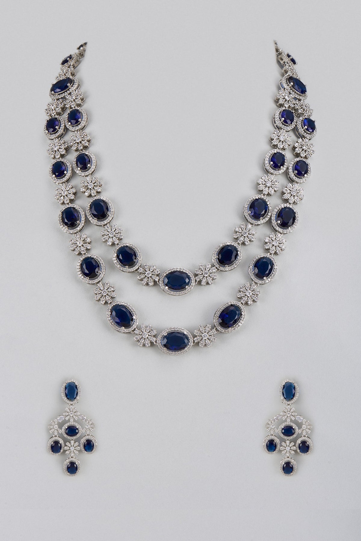 White Finish Blue Sapphire & Zircon Long Necklace Set