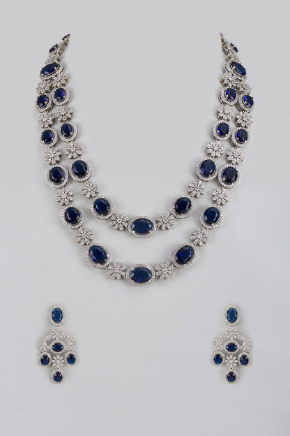 White Finish Blue Sapphire & Zircon Long Necklace Set