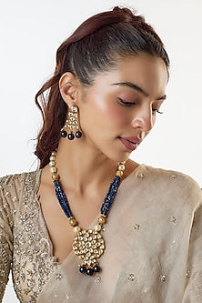 Gold Finish Kundan Polki & Blue Beaded Long Necklace Set