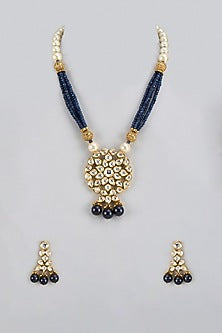 Gold Finish Kundan Polki & Blue Beaded Long Necklace Set