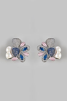 White Finish Zircon & Baroque Pearl Stud Earrings