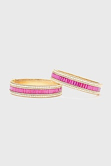 Gold Finish Zircon & Freshwater Pearl Bangle In Sterling Silver (Set of 2)