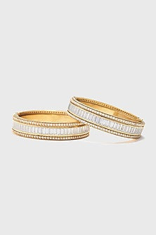 Gold Finish Zircon & Freshwater Pearl Bangle In Sterling Silver (Set of 2)
