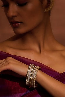 Gold Finish Zircon & Freshwater Pearl Bangle In Sterling Silver (Set of 2)