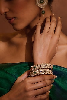 Gold Plated Zircons & Pearl Bangle In Sterling Silver (Set of 2)