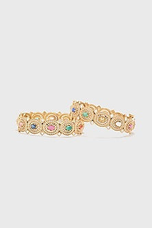 Gold Plated Zircons & Pearl Bangle In Sterling Silver (Set of 2)