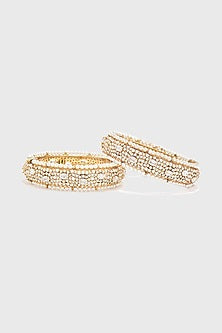 Gold Finish Zircons & Pearl Bangle In Sterling Silver (Set of 2)
