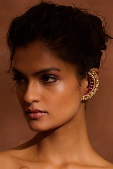 Gold Finish Zircons & Ruby Crystal Jadau Earcuff In Sterling Silver
