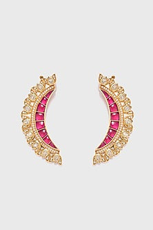 Gold Finish Zircons & Ruby Crystal Jadau Earcuff In Sterling Silver