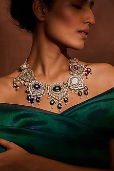 Gold Plated Mother Of Pearl & Onyx Jadau Necklace In Sterling Silver