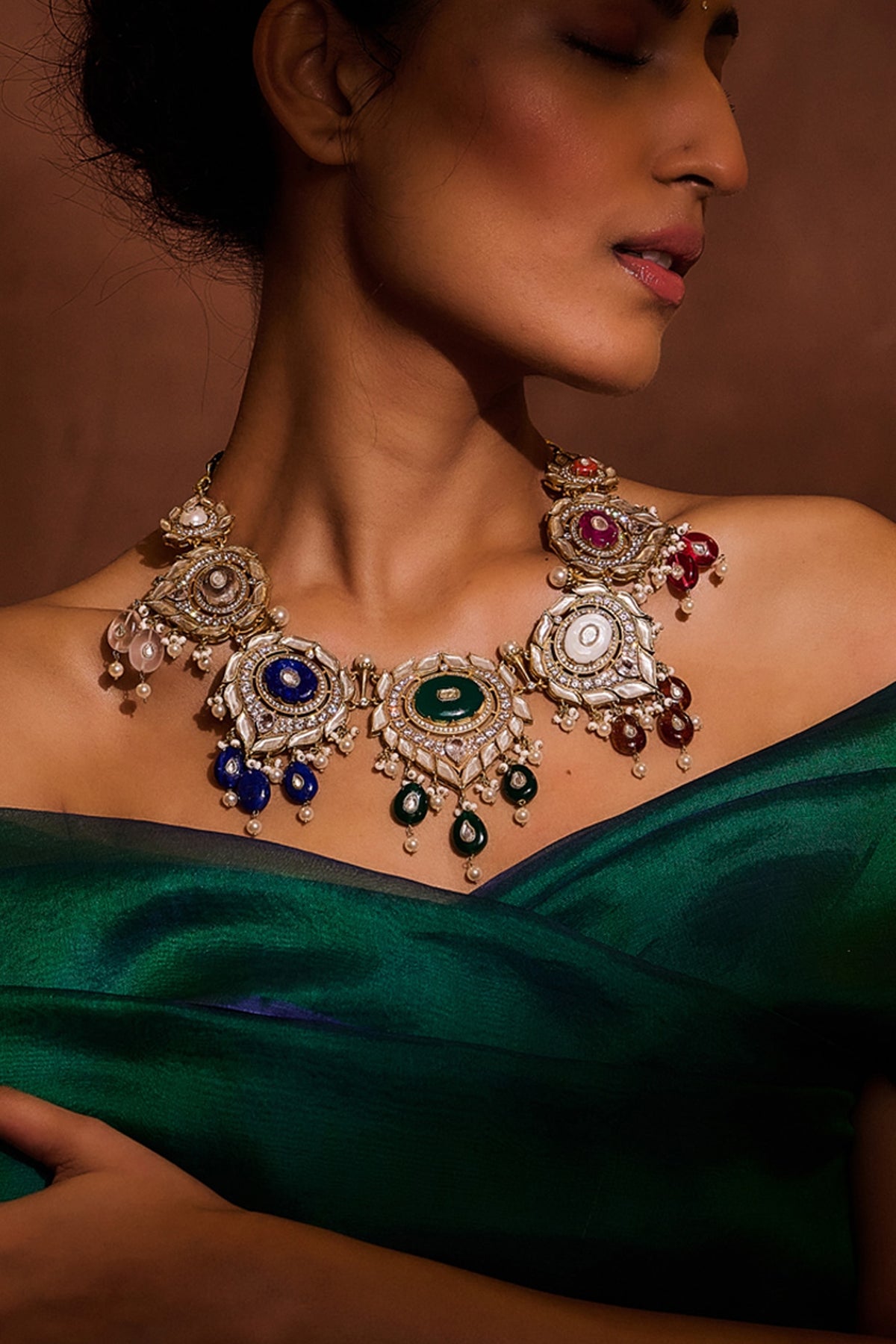 Gold Plated Mother Of Pearl & Onyx Jadau Necklace In Sterling Silver
