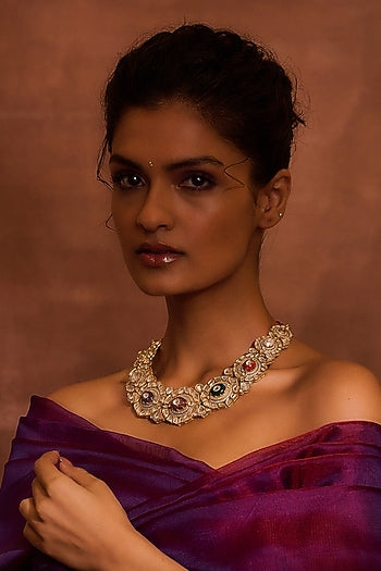 Gold Plated Green Onyx & Mother Of Pearl Choker Necklace In Sterling Silver