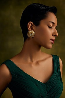 Gold Plated Cubic Zircon & Jadau Stud Earrings In Sterling Silver