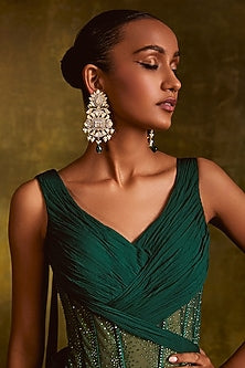 Gold Plated Cubic Zircon & Emerald Drop Stud Earrings In Sterling Silver