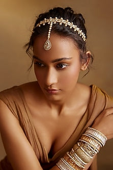 Gold Plated Cubic Zircon & Swarovski Pearl Matha Patti In Sterling Silver