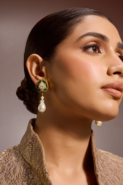 Gold Finish Emerald & Swarovski Pearl Droplet Earrings In Sterling Silver