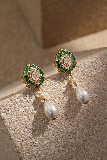 Gold Finish Emerald & Swarovski Pearl Droplet Earrings In Sterling Silver