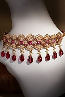 Gold Finish Glass Drop & Swarovski Pearl Choker Necklace In Sterling Silver