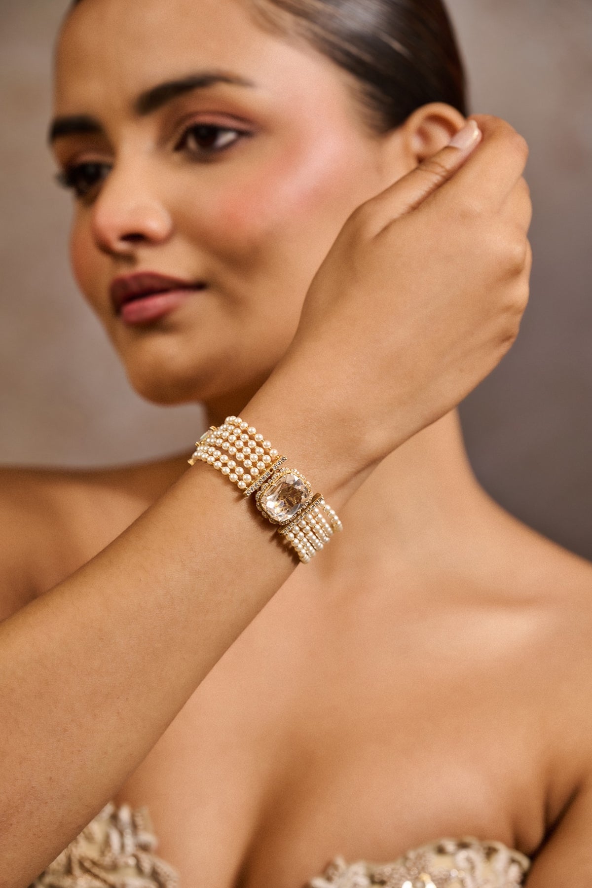 Gold Plated Zircon & Ivory Swarovski Pearl Bracelet In Sterling Silver