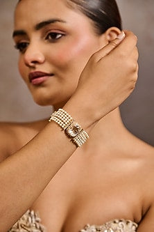 Gold Plated Zircon & Ivory Swarovski Pearl Bracelet In Sterling Silver