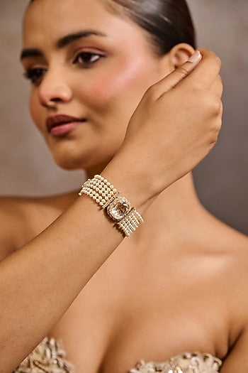 Gold Plated Zircon & Ivory Swarovski Pearl Bracelet In Sterling Silver