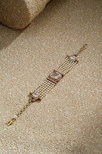 Gold Plated Zircon & Ivory Swarovski Pearl Bracelet In Sterling Silver