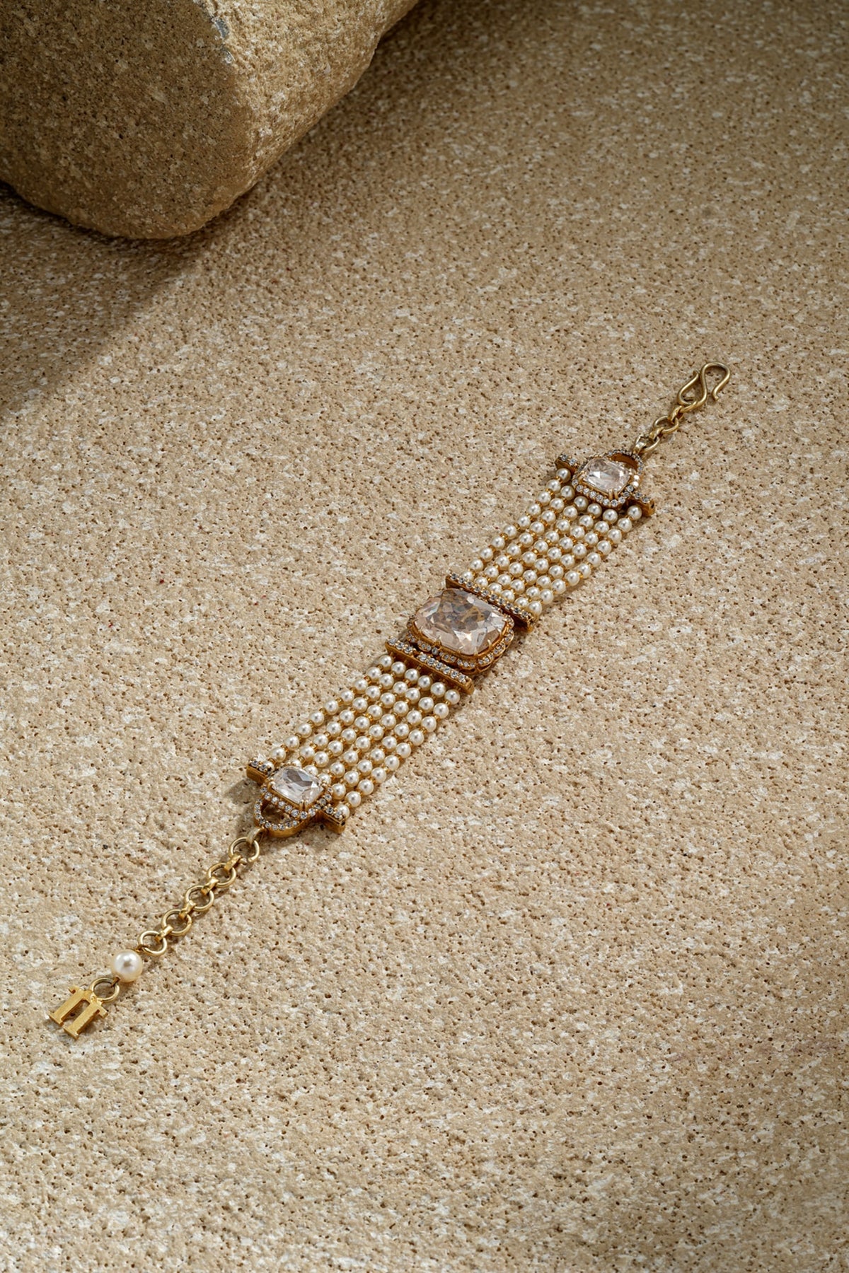 Gold Plated Zircon & Ivory Swarovski Pearl Bracelet In Sterling Silver