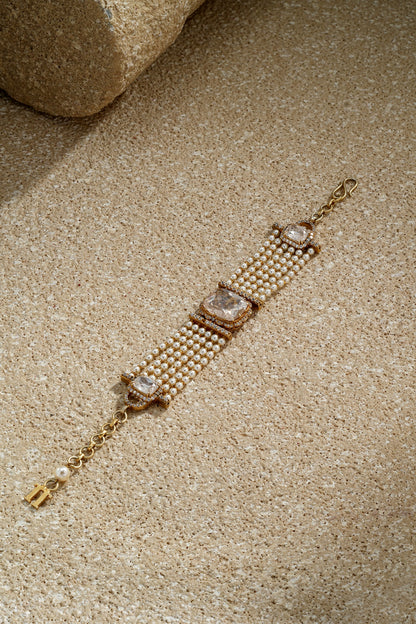 Gold Plated Zircon & Ivory Swarovski Pearl Bracelet In Sterling Silver