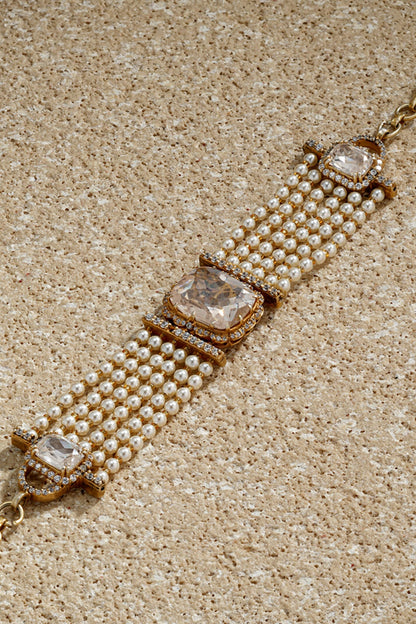 Gold Plated Zircon & Ivory Swarovski Pearl Bracelet In Sterling Silver